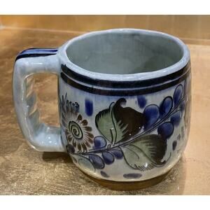 Tonala Mug Mexico Heavy Pottery Bright Shiny Glaze Blue Florals